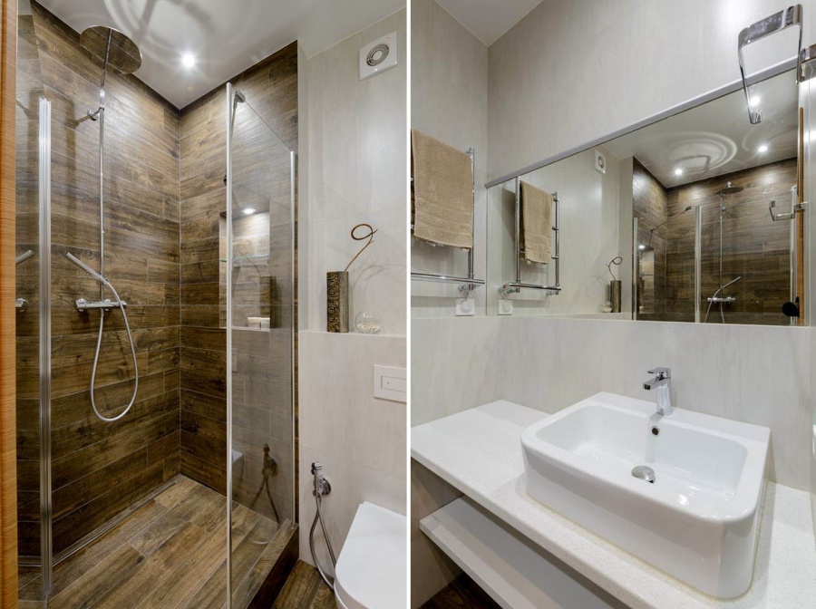 Во втором санузле в душевой использована плитка под дерево Marazzi Group Treverkhome. Зеркало на всю ширину стены зрительно расширяет пространство. Во втором санузле в душевой использована плитка под дерево Marazzi Group Treverkhome. Зеркало на всю ширину стены зрительно расширяет пространство.