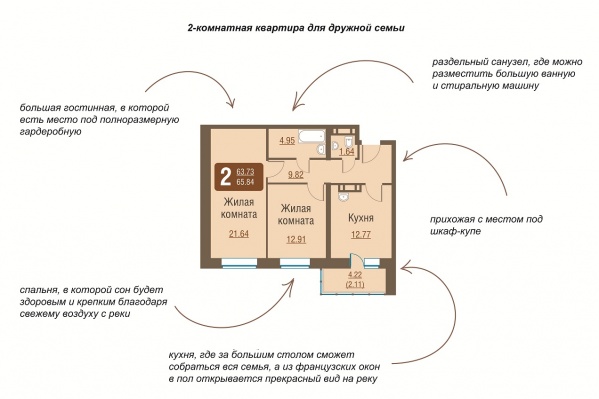 Просторная 2-комнатная квартира с гостиной, гардеробной, раздельным санузлом и французским окнами в пол Просторная 2-комнатная квартира с гостиной, гардеробной, раздельным санузлом и французским окнами в пол